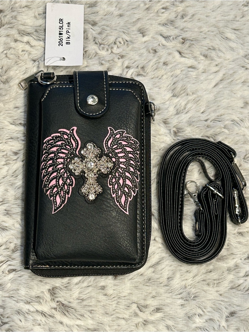 Crossbody Cell Phone Purse with Pink Angel Wings and Rhinestone Cross.